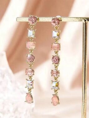 Long Crystal Women’s Dangle Drop Earrings Multi Color Pink Rhinestone Ombré
